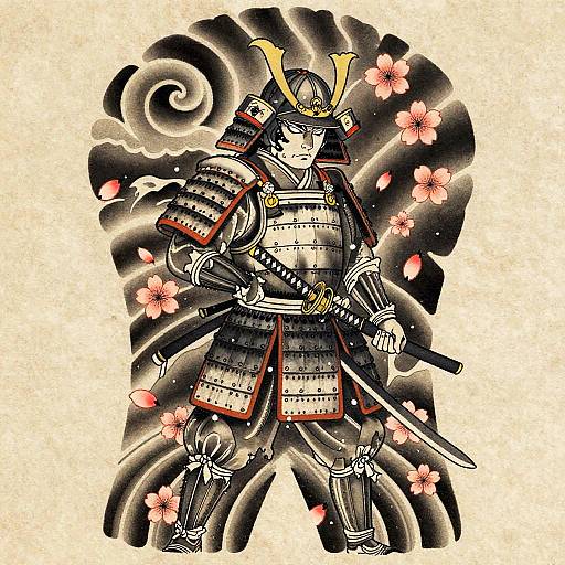 Traditional Japanese samurai illustration in bold black, white, and red ink, standing with a fierce expression, holding a katana, surrounded by cherry bloss