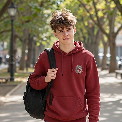 Photograph of a young white male with brown hair, wearing a maroon hoodie, black backpack, and smiling in a sunlit, tree-lined park