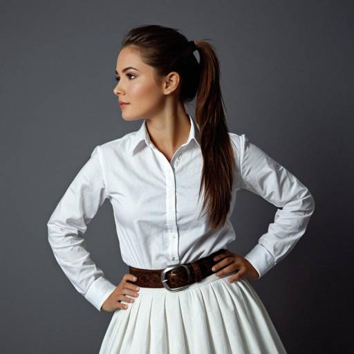 Young Woman in White Shirt and Skirt with Ponytail