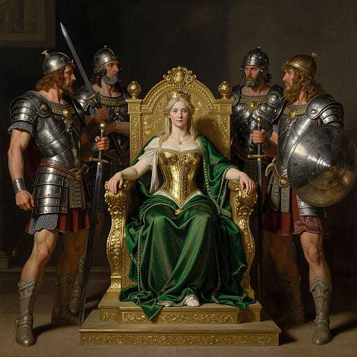 Photograph of a fair-skinned woman in a green gown and gold throne, surrounded by four muscular, armored men with helmets and swords. Dark,