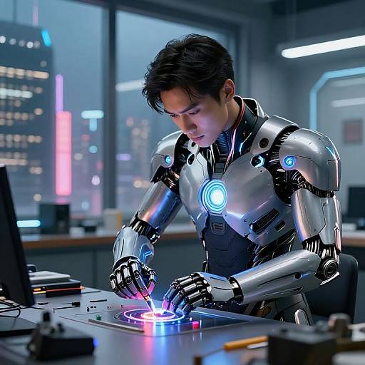 Photorealistic digital art of an Asian male scientist in a futuristic, silver robotic suit, repairing a glowing, circular device in a high-tech, neon