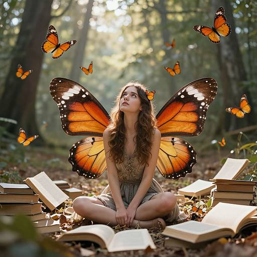 Photograph of a young woman with orange butterfly wings, sitting cross-legged in a forest, surrounded by open books and floating butterflies.