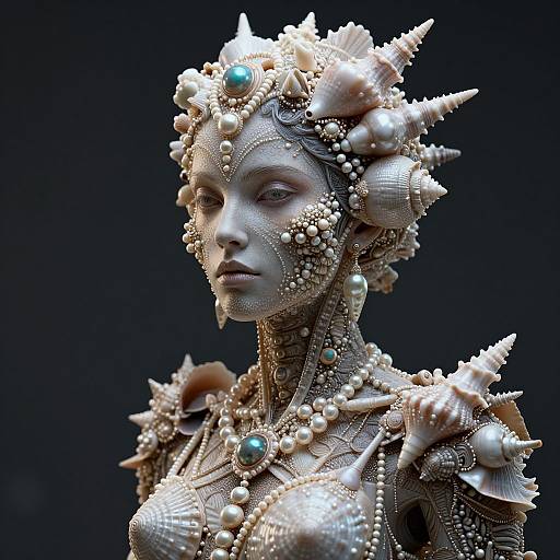 Photorealistic CGI of a regal, stone-faced woman with intricate seashell and pearl armor, adorned with turquoise gemstones, against a dark