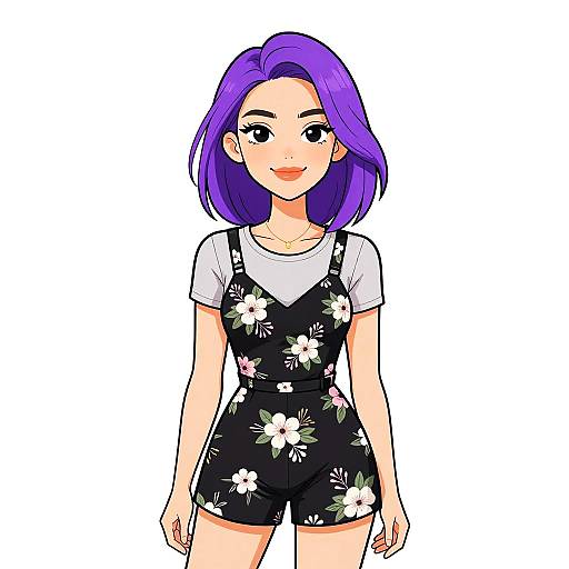 Digital anime-style drawing of a smiling young woman with purple hair, wearing a black floral romper over a white t-shirt.