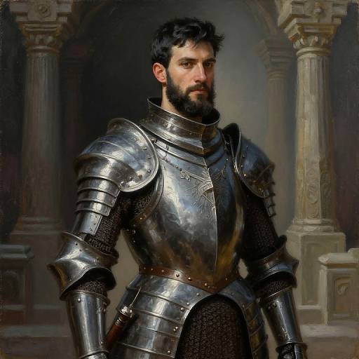 Digital painting of a bearded man in medieval silver armor, standing in a grand, columned hall with dark, muted lighting.