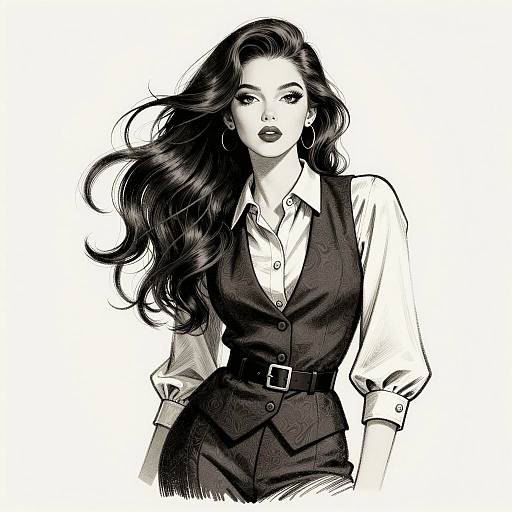 Black-and-white digital drawing of a confident woman with long, wavy hair, wearing a vest over a collared shirt, and high-waisted