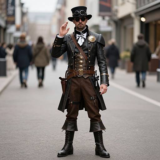 Photograph of a steampunk man in black top hat, leather vest, brown pants, boots, and goggles, standing on a city street.