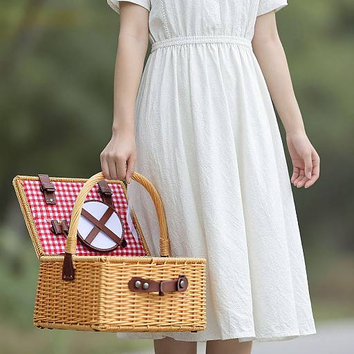 Photograph of a woman in a white dress holding a wicker basket with red checkered cloth and a white frilled napkin.
