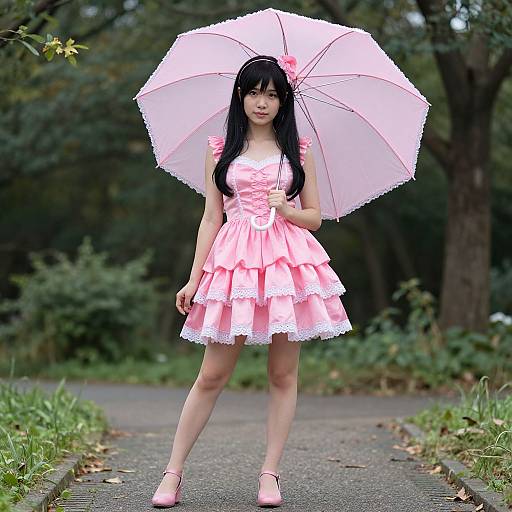 Photograph of an Asian woman with long black hair, wearing a pink ruffled dress and matching shoes, holding a pink umbrella, standing on a forest