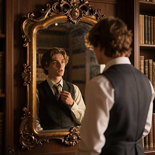 Young man with curly brown hair, white shirt, and black vest, adjusts tie in front of ornate gold-framed mirror in dimly lit,