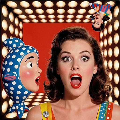 Vintage-style photograph of a shocked woman with red lips and dark hair, wearing a colorful polka dot dress, facing a surprised clown in a blue pol