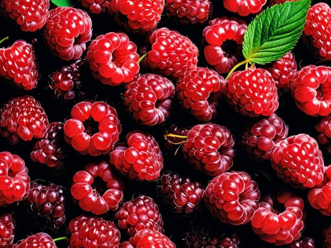 Close-up of Fresh Raspberries with Leaf