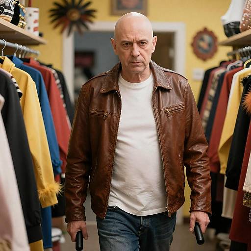 Serious Man in a Colorful Costume Room