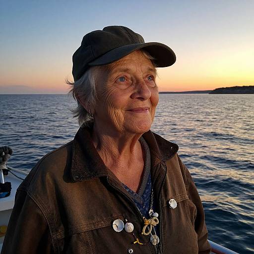 Photograph of elderly white woman with gray hair, wearing brown cap and jacket, adorned with buttons, smiling at sunset over calm water.