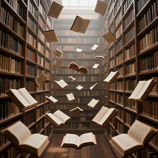 Photograph of a library aisle with floating open books, surrounded by tall, filled bookshelves, under a bright ceiling light.