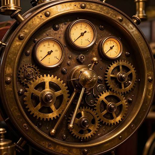 Close-up photograph of an intricate, vintage-style brass clock mechanism with four yellow dials, six interlocking gears, and metallic details.