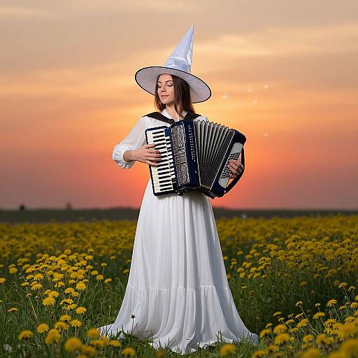 Photograph of a woman in a white dress and witch hat playing an accordion in a yellow daisy field at sunset.