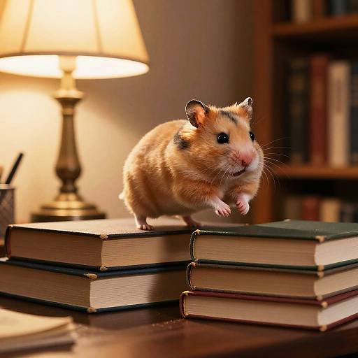 Photograph of a cute, fluffy hamster with black and orange stripes, jumping off stacked books in a warmly lit, cozy study with a lamp and