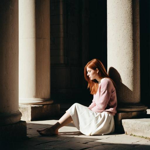Young Woman Sitting by Stone Pillar