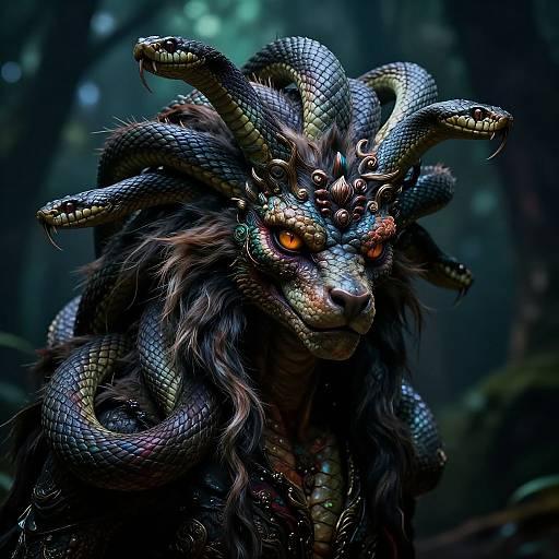 Digital artwork of a dark, serpent-like creature with multiple snakes coiled around its head, glowing orange eyes, and a dark, furry mane in a