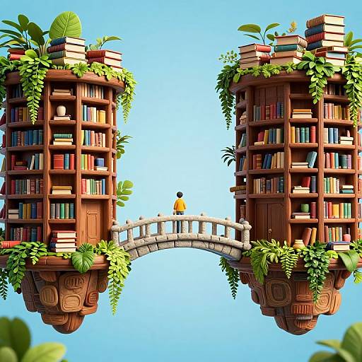 Digital illustration of two floating, wooden book towers with lush greenery, connected by a small stone arch bridge. A small, yellow-robed figure stands