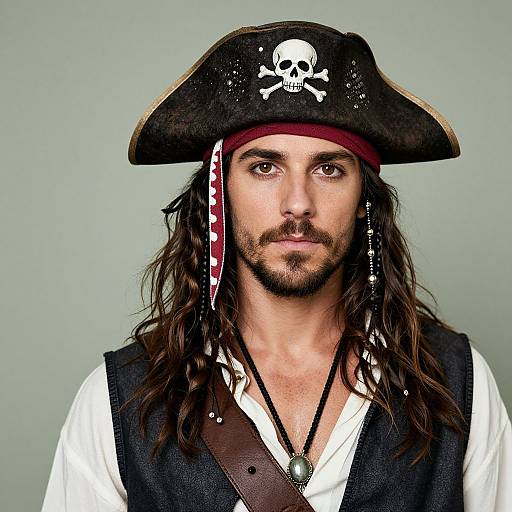 Photograph of a man with long brown hair, beard, and mustache, wearing a black pirate hat with skull and crossbones, white shirt,
