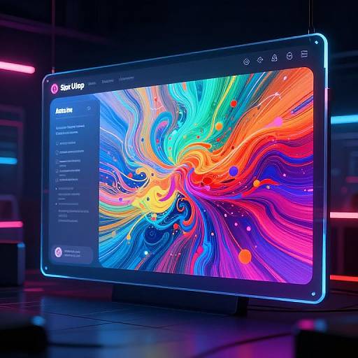 Photograph of a glowing, neon-lit, widescreen tablet displaying a vibrant, abstract swirl pattern on a music editing software interface.