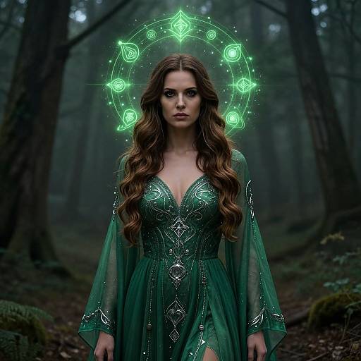 Photograph of a mysterious woman with long brown hair, wearing a green, patterned gown, illuminated by a glowing, green, circular halo in a