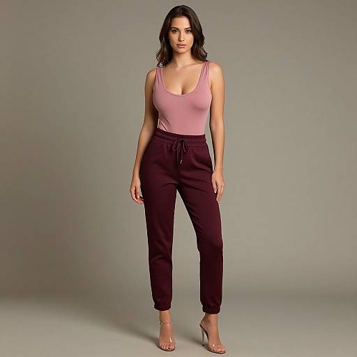 Photograph of a confident woman with dark wavy hair, wearing a pink tank top, high-waisted black pants, and clear heels, standing