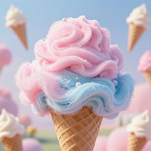 Photorealistic CGI of a pink and blue swirled ice cream cone with droplets, surrounded by blurred pink and white ice cream cones against a