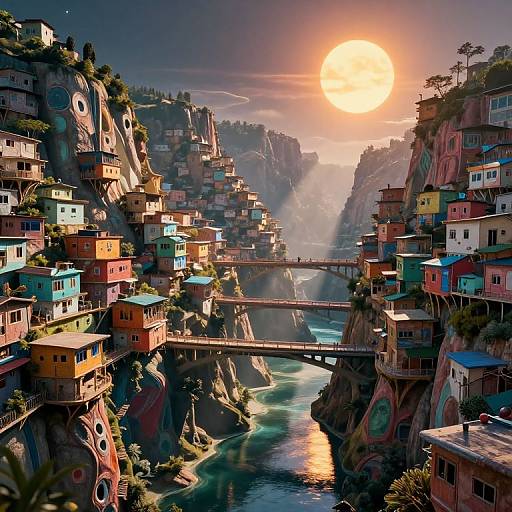 Digital painting of a vibrant, fantasy cliff village at sunset, featuring colorful houses, a river, bridge, and sunlit mountains.