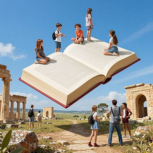 Children on Levitating Textbook Adventure