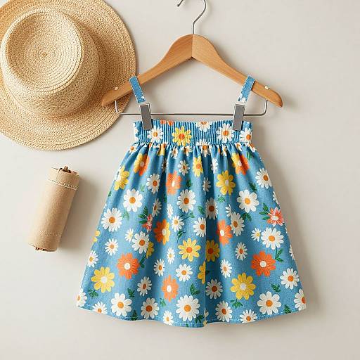 Photograph of a blue sundress with white and orange daisy patterns, on a wooden hanger, accompanied by a straw hat and rolled brown band