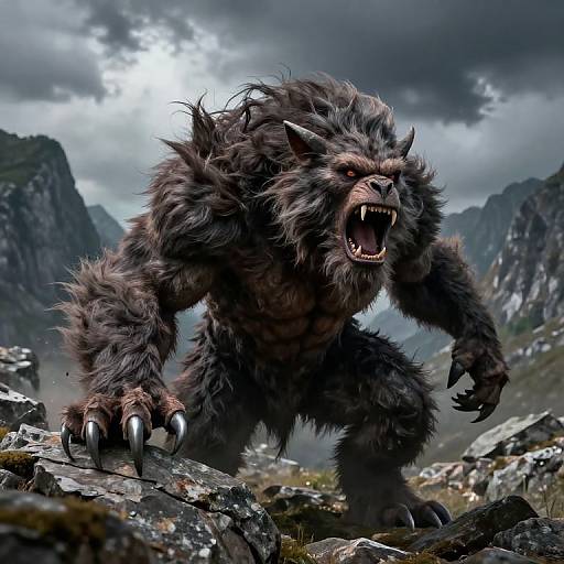 Digital artwork of a ferocious, dark-furred werewolf with sharp claws and bared fangs, roaring on rocky terrain under a cloudy sky with