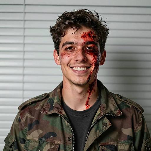 Smiling Warrior in Bloodied Camouflage