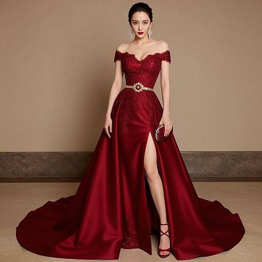 Photograph of a fair-skinned woman with dark hair in an elegant off-shoulder, deep red, floor-length gown with a high slit,