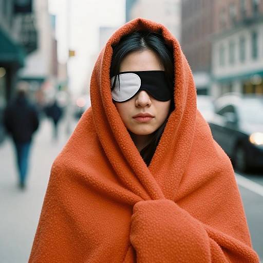 Person in Orange Blanket with Eye Patch