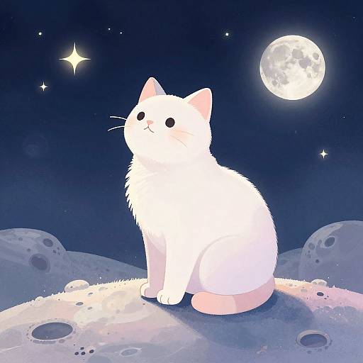 Digital illustration of a white fluffy cat sitting on a moonlit, cratered landscape under a starry night sky with a full moon.