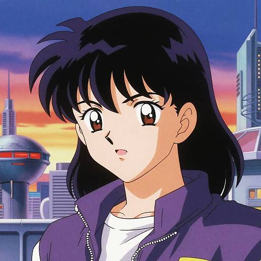 Anime-style drawing of a black-haired girl with large red eyes, wearing a purple jacket, against a futuristic cityscape at sunset.