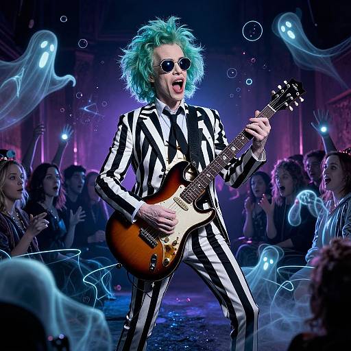 Rocking performer with neon blue hair, black-and-white striped suit, sunglasses, and electric guitar, performs on stage with glowing ghosts.