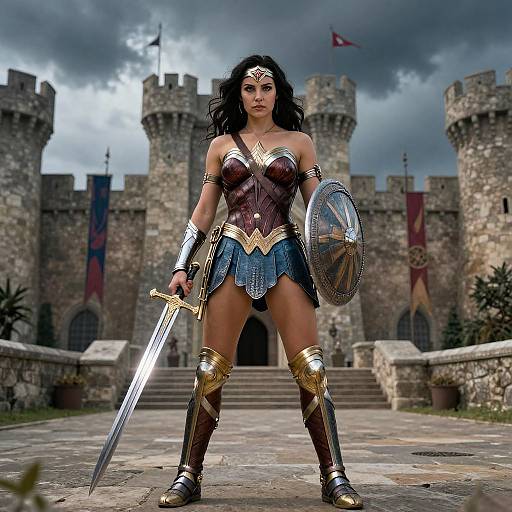 Digital art of Wonder Woman standing confidently in front of a medieval castle, wearing her iconic armor, holding sword and shield, under a stormy sky.