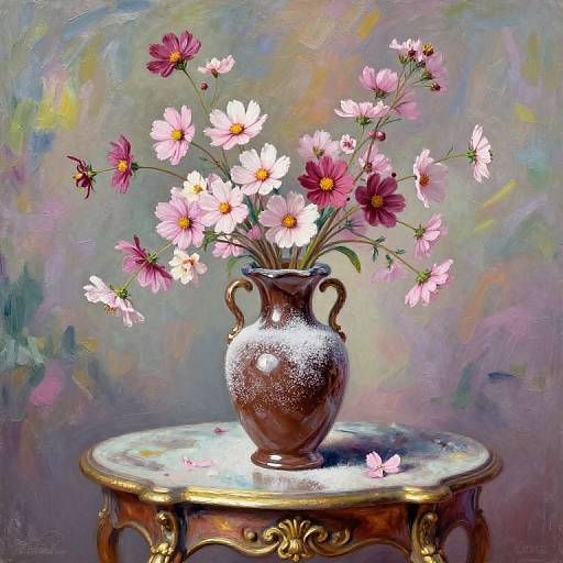 Painting of a ceramic vase with pink and white daisies on a gold-trimmed round table against a colorful, abstract background.