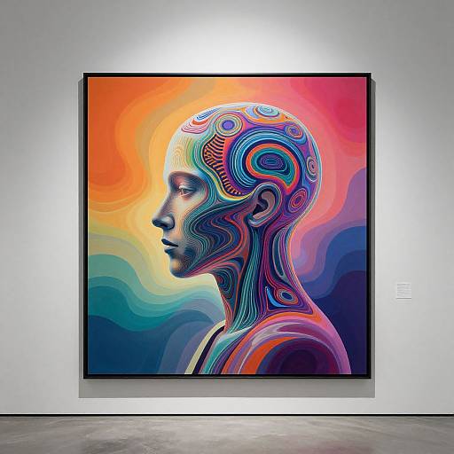 Digital artwork of a side-profile, stylized human head with vibrant, swirling, multicolored patterns, set in a modern gallery with spotlight.