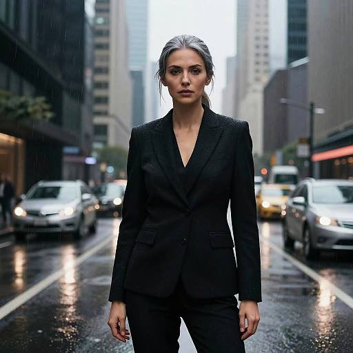 Photograph of a serious, dark-haired woman in a black suit standing in a rainy urban street, cars and buildings blurred in the background. Moody,