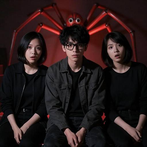 Glowing Red Spider Behind Surprised Trio