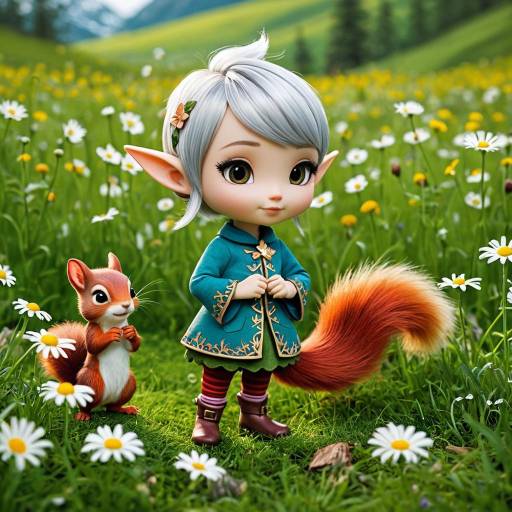 Whimsical Chibi Elf and Red Squirrel in Daisy Meadow