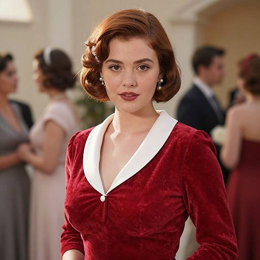 Photograph of a fair-skinned woman with short brown hair in a vintage-style red velvet dress with white collar, standing in a blurred, elegant,