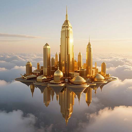 Photorealistic CGI: Golden skyscrapers with domes and spires, reflecting on a floating island in a cloudy sky at sunset.