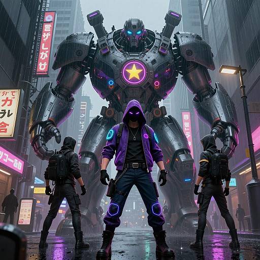 Cyberpunk Hackers Facing Giant Robot in Neon Tokyo