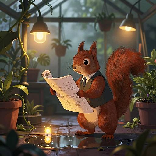 Noir Squirrel Investigator in Rooftop Greenhouse